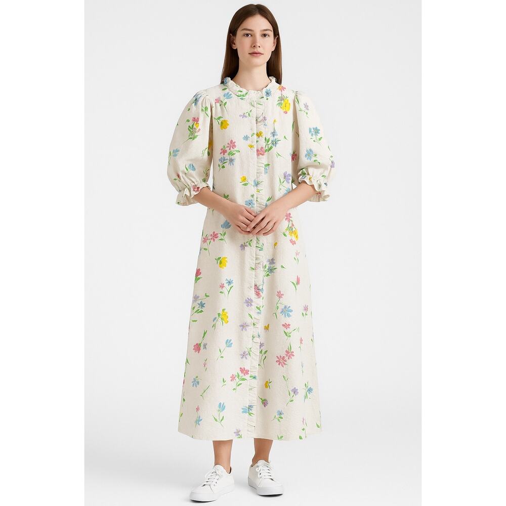 Vintage Miss Elaine Floral Seersucker Ruffle Housecoat Robe 70s 80s medium